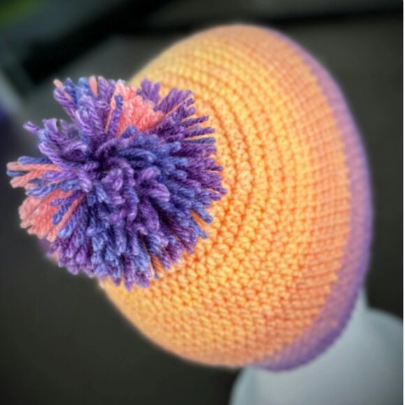 Handmade Crochet Beanie with Pom Pom and Floral Appliques — Purple Orange Ombre - Picture 3 of 7